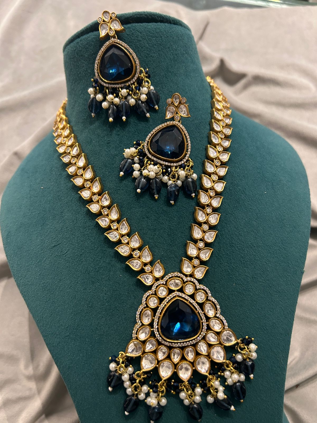 Royal Blue Stone Kundan Necklace Set with Pearl Drops